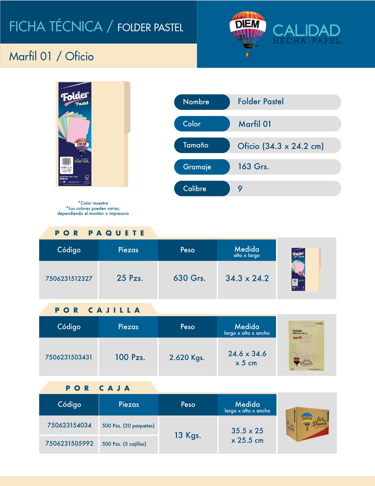 Folder Tamaño Oficio  DIEM. Color Crema. Cantidad: 100 folders. Gramaje 163 grs. Calibre 9. Tamaño 34.3 x 24.2 cm. MF01OC100 - Folder Tamaño Oficio  DIEM. Color Crema. Cantidad: 100 folders. Gramaje 163 grs. Calibre 9. Tamaño 34.3 x 24.2 cm. MF01OC100 -